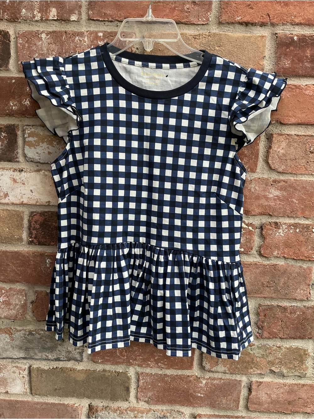 Kate Spade Navy & White Gingham Peplum Top small